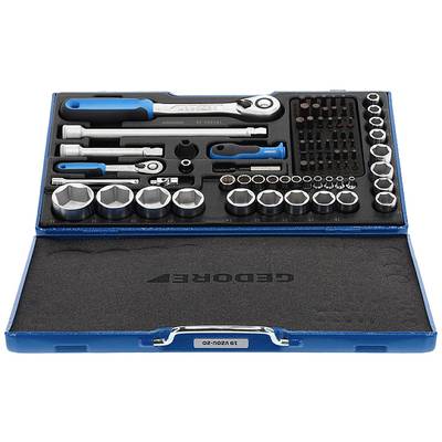 'Gedor' Werkzeugset mit Ratschen, Steckschlüsseln und Bits in einem schwarzem Koffer. Ideal für mechanische Arbeiten und Reparaturen.