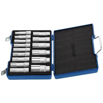 Ein offener Werkzeugkasten mit mehreren metallischen Stecknüssen, die ordentlich in Schaumstoff verstaut sind. Die Aufschrift 'GEDORE' ist sichtbar.