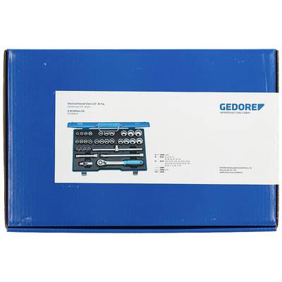 Ein Steckschlüsselsatz mit mehreren Aufsätzen in verschiedenen Größen, dargestellt in einem blauen Karton mit der Aufschrift 'GEDORE'.