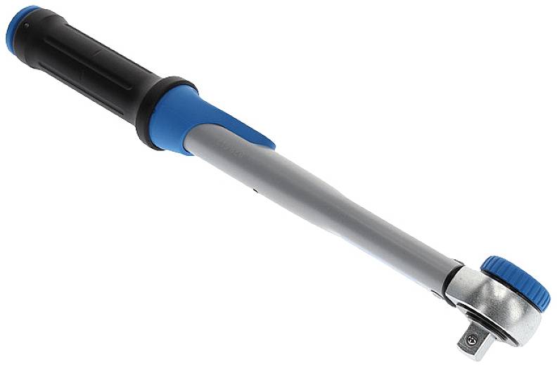 Drehmomentschlüssel mit schwarzem Griff und blauer Skala für präzise Anzugsmomente.