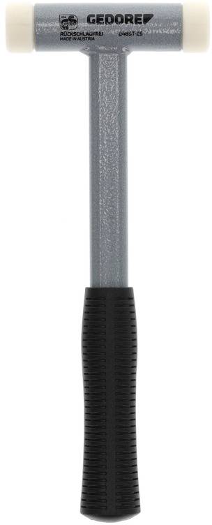 Gummi-Schonhammer mit Metallstiel und schwarzem Griff, ideal zum schonenden Bearbeiten empfindlicher Materialien.