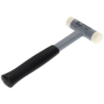 Ein Hammer mit einem grauen Griff und weißen Gummischlägeln an beiden Enden. Geeignet für schonende Arbeiten ohne Beschädigung.
