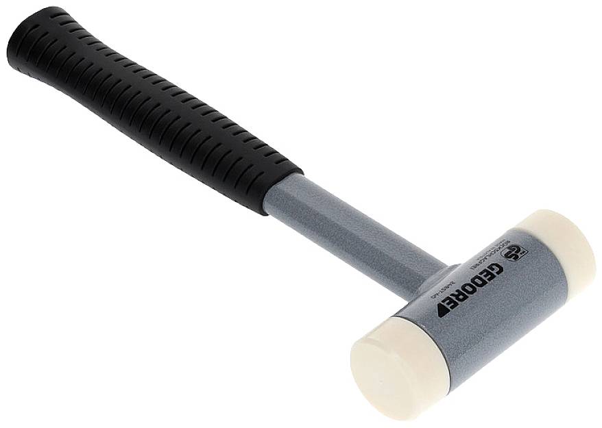 Ein Gummihammer mit grauem Kopf und schwarzem Griff liegt auf einem weißen Hintergrund.