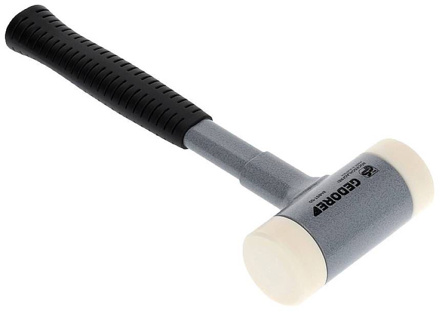 Ein Gummihammer mit schwarzem Griff und grauem Kopf, der die Marke 'GeoDrop' trägt.