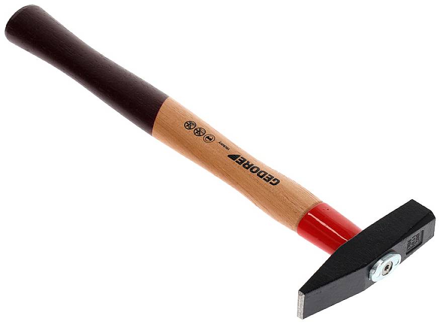 Ein Tischlerhammer mit Holzgriff und schwarzem Kopf. Der Griff hat eine rote Verstärkung an der Spitze.