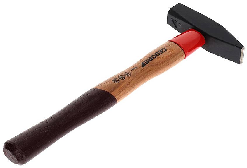 Ein Handhammer mit einem hölzernen Griff und einem schwarzen Metallkopf, geeignet für Bau- oder Heimwerkerarbeiten.