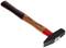 Hammer mit braunem Holzgriff, rotem Hals und schwarzem Kopf.
