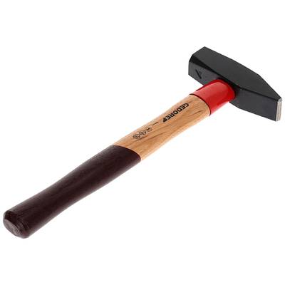 Ein Hammer mit rotem Metallkopf und holzfarbenem Griff. Der Kopf ist teilweise schwarz. Auf dem Griff steht 'Gedore'.