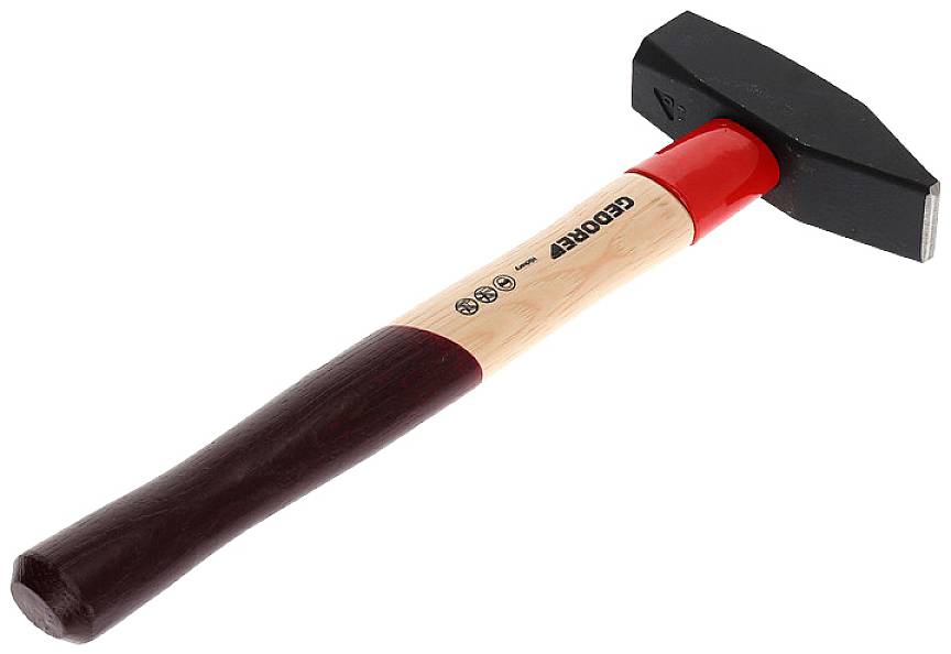 Hammer mit einem roten Griff und schwarzem Kopf, geeignet für Bau- und Reparaturarbeiten.