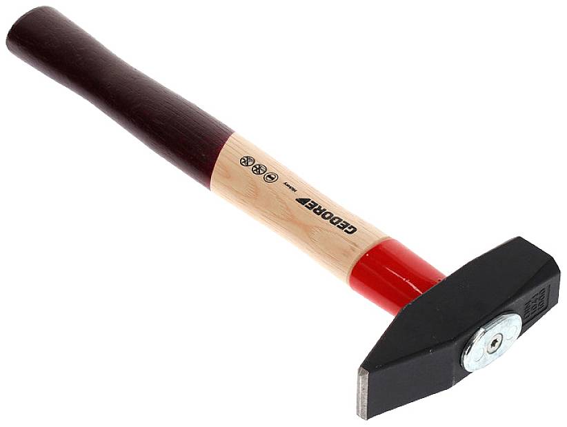 Hammer mit Holzgriff und schwarz-rotem Kopf, geeignet für Handwerksarbeiten.