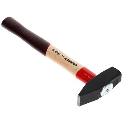 Hammer mit Holzgriff und schwarz-rotem Kopf, geeignet für Handwerksarbeiten.