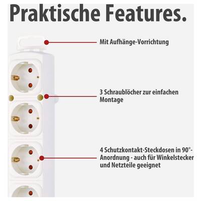 Infografik „Praktische Features“ einer Mehrfachsteckdose: Aufhänge-Vorrichtung, 3 Schraublöcher und 4 Schutzkontakt-Steckdosen in 90°-Anordnung für Winkelstecker und Netzteile.