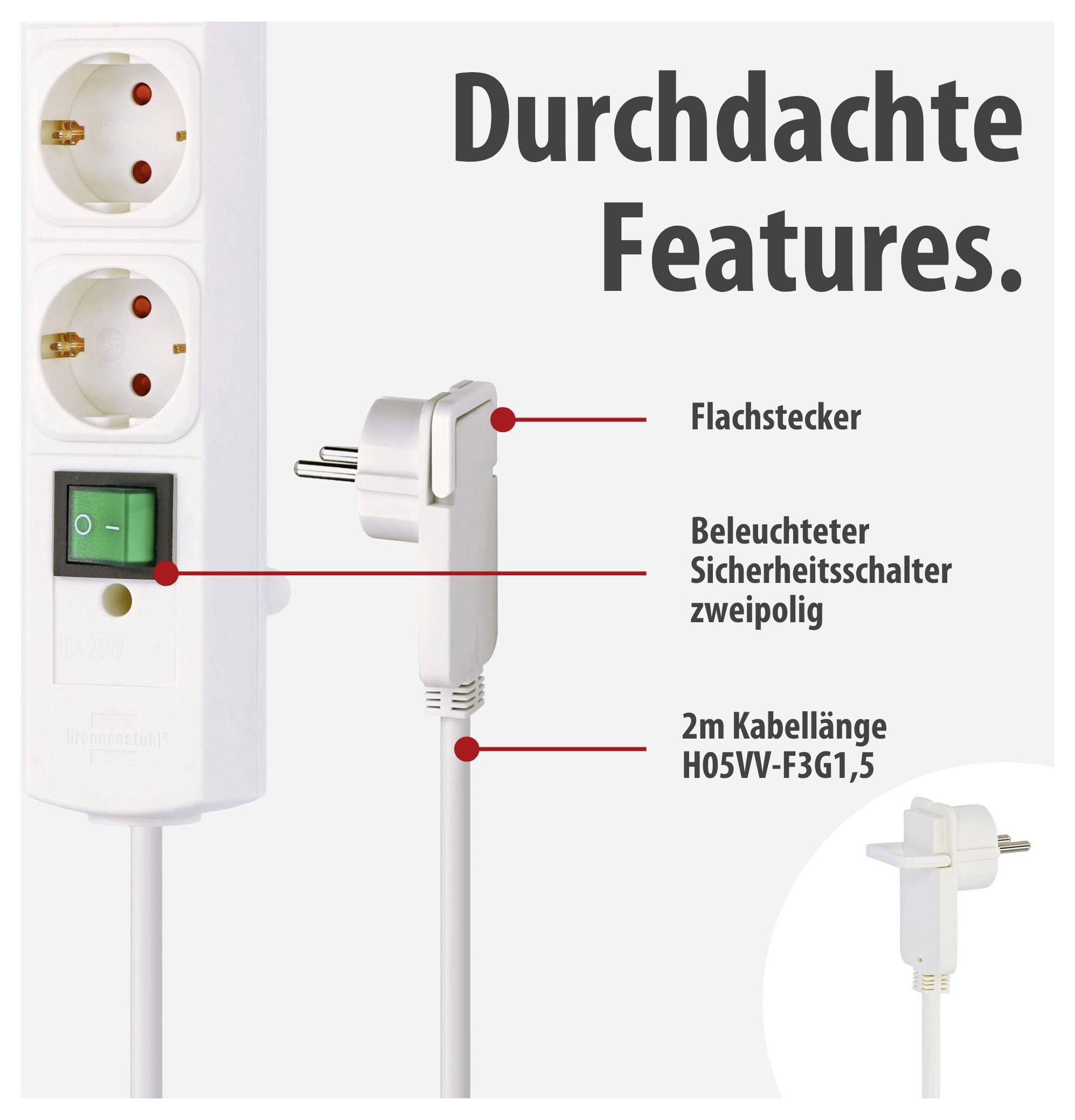 Produktbild einer weißen Steckdosenleiste mit Schalter und Eurostecker; hervorgehoben sind Flachstecker, beleuchteter Sicherheitsschalter und 2 m Kabellänge.<br>