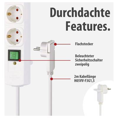 Produktbild einer weißen Steckdosenleiste mit Schalter und Eurostecker; hervorgehoben sind Flachstecker, beleuchteter Sicherheitsschalter und 2 m Kabellänge.<br>