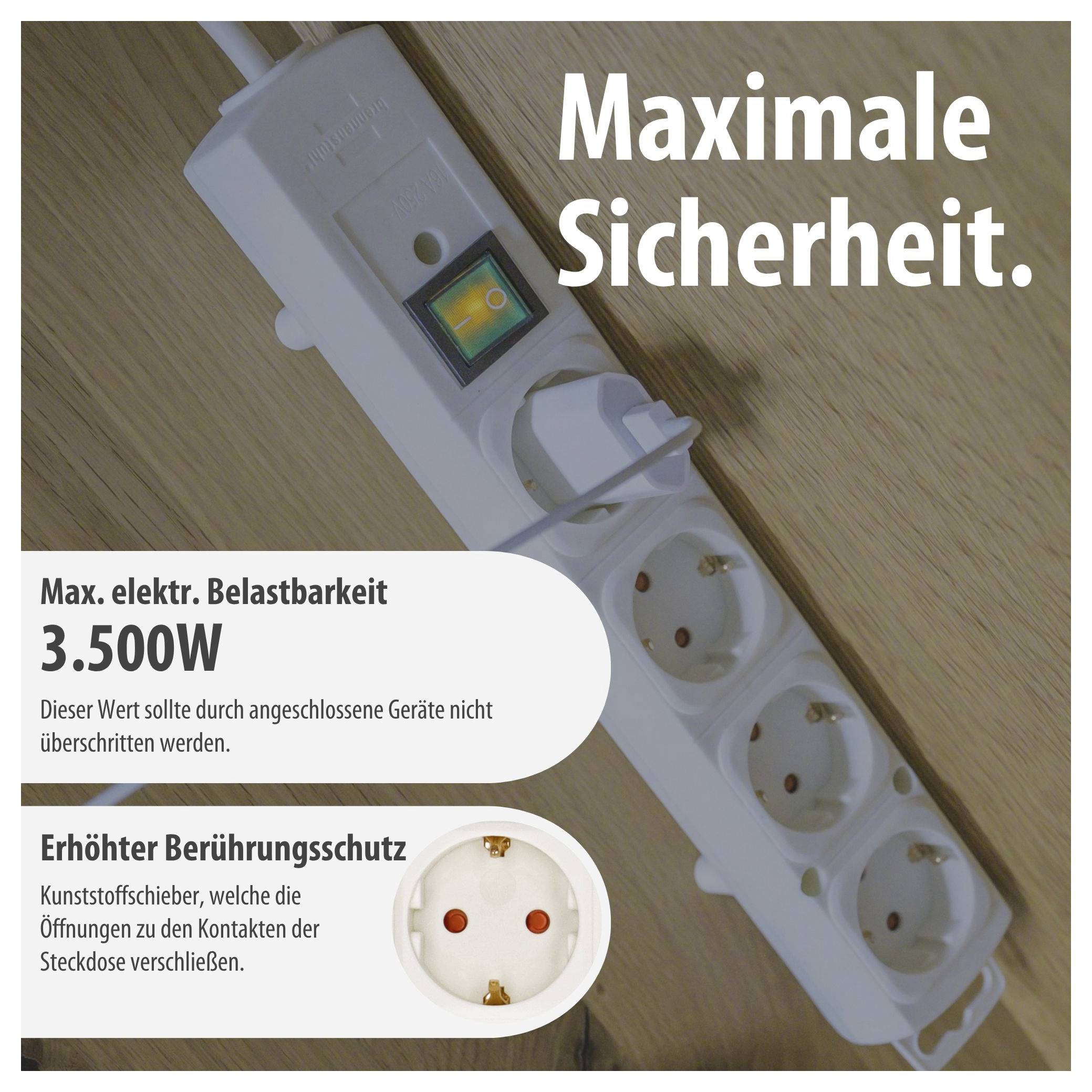 Werbebild einer Steckdosenleiste mit Schalter: 'Maximale Sicherheit', max. elektrische Belastbarkeit 3.500 W und erhöhter Berührungsschutz.<br>