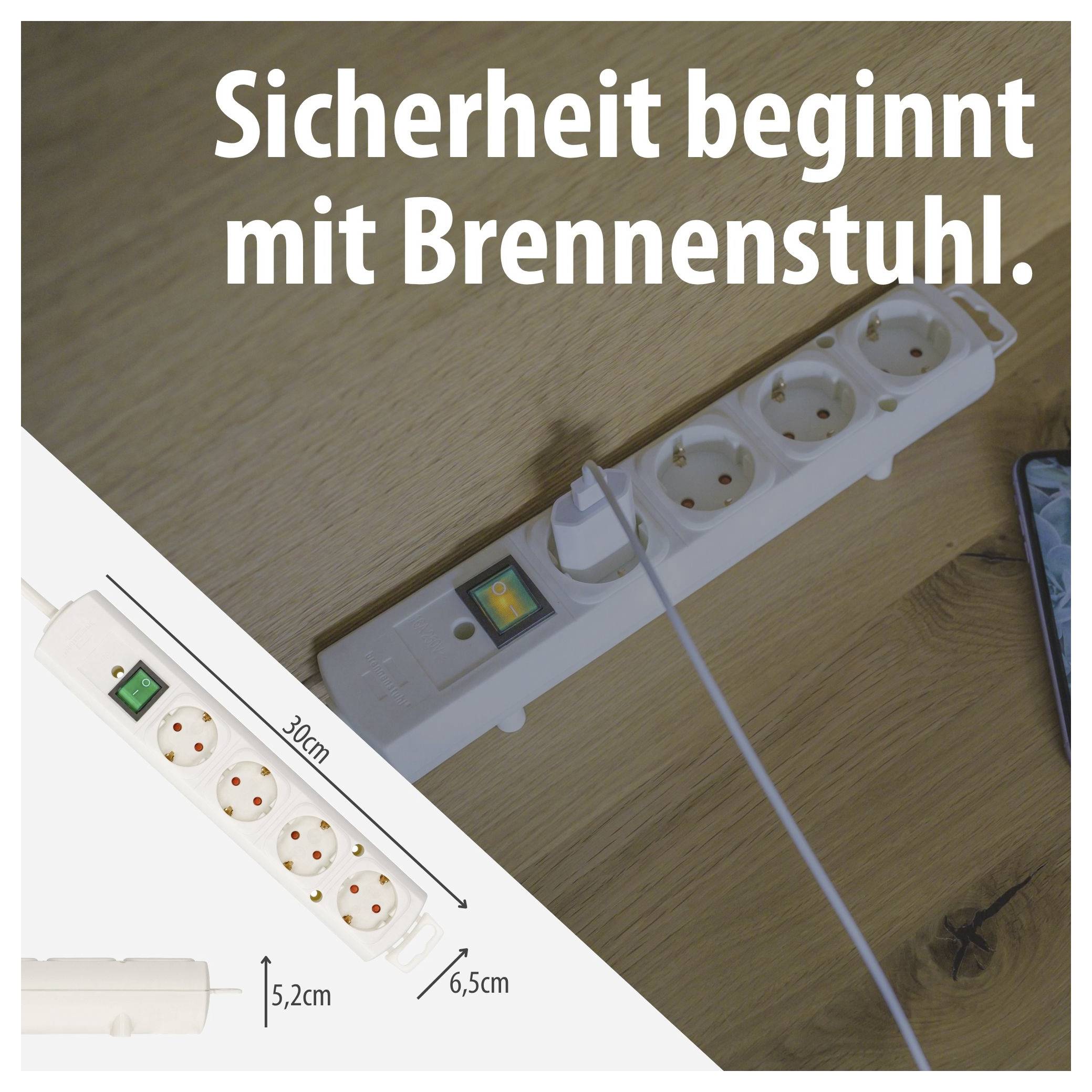 Werbeabbildung: Steckdosenleiste mit Schalter und Maßangaben; Text 'Sicherheit beginnt mit Brennenstuhl.'<br>