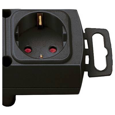 Schwarzer elektrischer Wandsteckdosenadapter mit geerdetem Anschluss und seitlicher Befestigungslasche, auf weißem Hintergrund dargestellt.