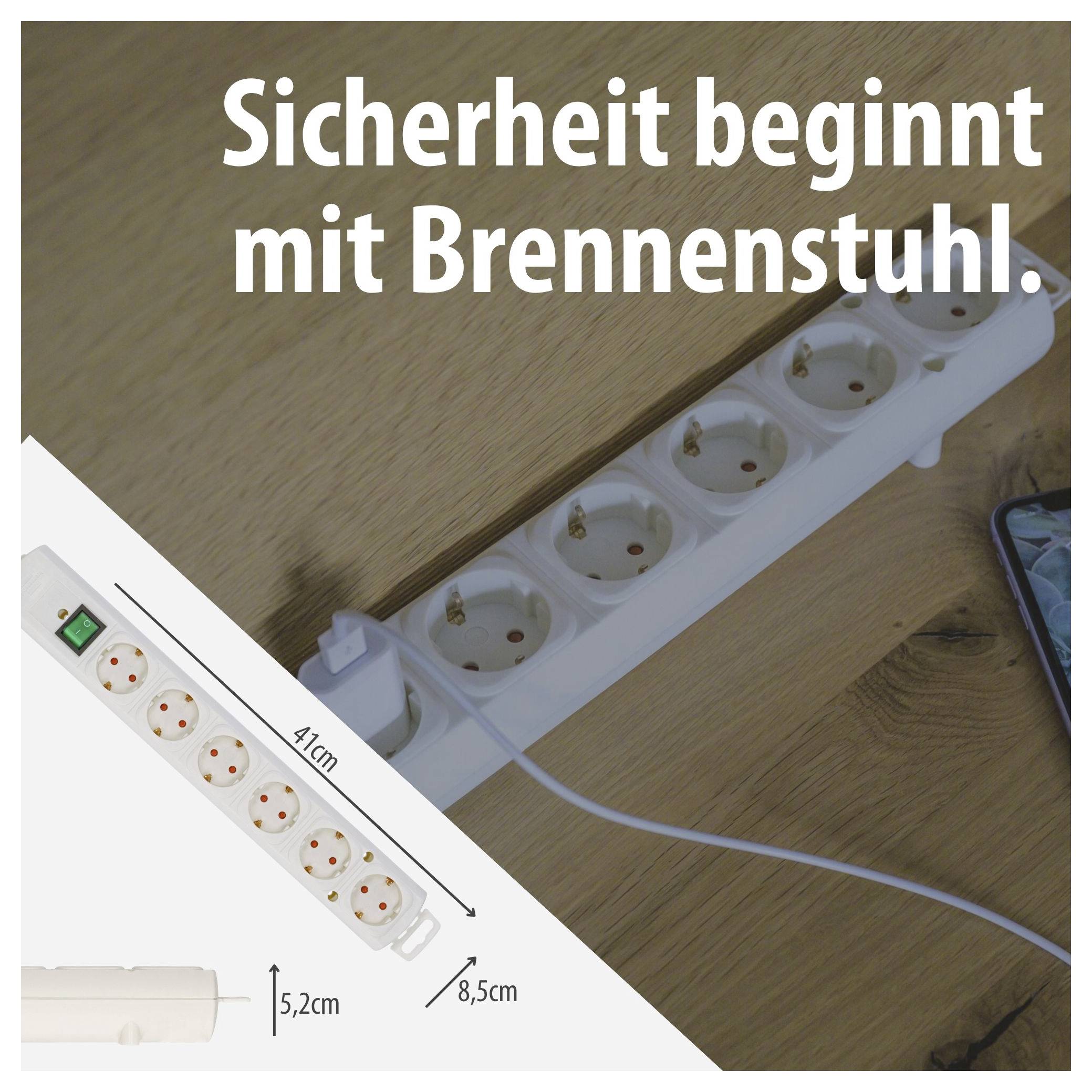 Weiße Steckdosenleiste auf Holztisch mit Text 'Sicherheit beginnt mit Brennenstuhl.'; eingeblendete Maßangaben 41 cm, 5,2 cm und 8,5 cm.<br>