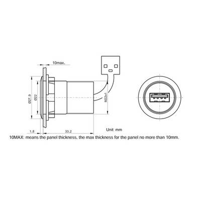 Technische Zeichnung eines USB-Anschlusses mit Maßen: Außendurchmesser 27,2 mm, Tiefe 33,2 mm. Hinweis: Max. Panelstärke 10 mm.