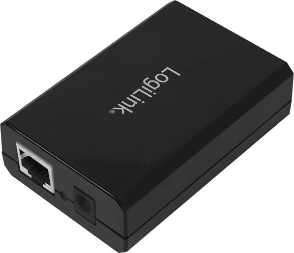 Ein schwarzes Netzwerkgerät mit Ethernet-Anschluss auf der Seite. Der Name 'LogiLink' steht oben aufgedruckt.