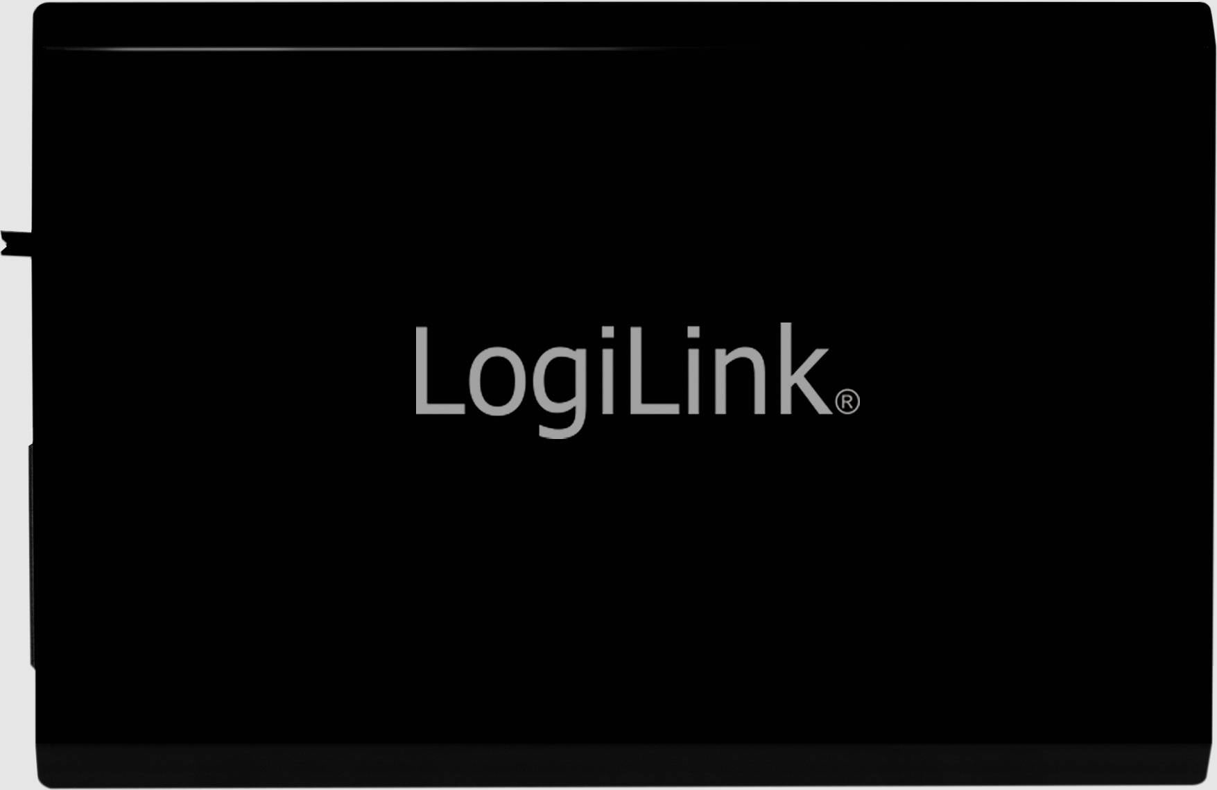 Schwarze externe Festplatte mit dem Aufdruck 'LogiLink' in weißer Schrift.