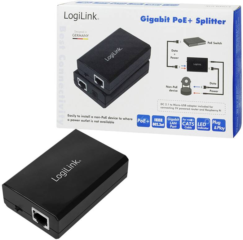 'LogiLink Gigabit PoE+ Splitter' und Verpackung. Verbindet PoE-Quellen mit nicht-PoE-Geräten. Unterstützt IEEE 802.3at.