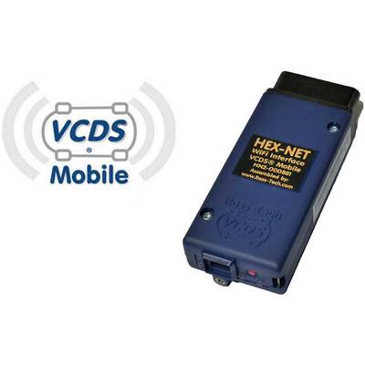 Ein blaues OBD-II-WiFi-Diagnosetool 'HEX-NET' mit der Aufschrift 'VCDS Mobile', das Fahrzeugdaten über eine drahtlose Verbindung auslesen kann.