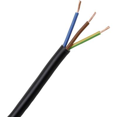 Dreifach-Kabel mit Kupferadern in Schwarz, Blau, Braun und Gelb-Grün, teilweise abisoliert.