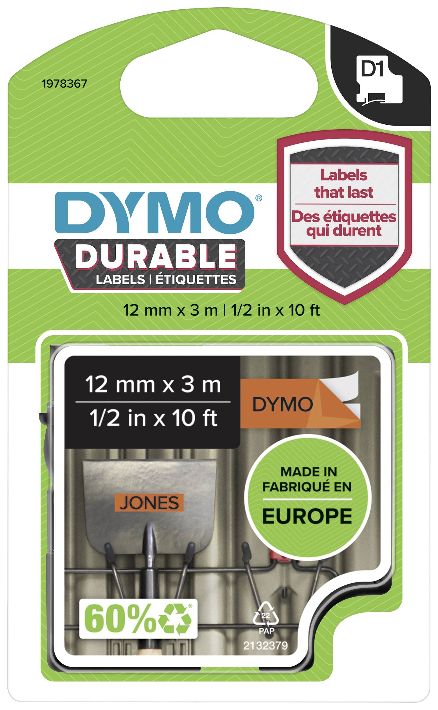 Verpackung für DYMO D1 Durable Etiketten, 12 mm x 3 m, schwarz auf weiß, geeignet für Etikettiergeräte, hergestellt in Europa.