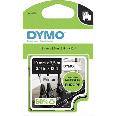 Produktverpackung für DYMO D1 Etikettenband, 19 mm x 3,5 m; hervorgehobene Merkmale: 'Made in Europe', 60% recycelt.