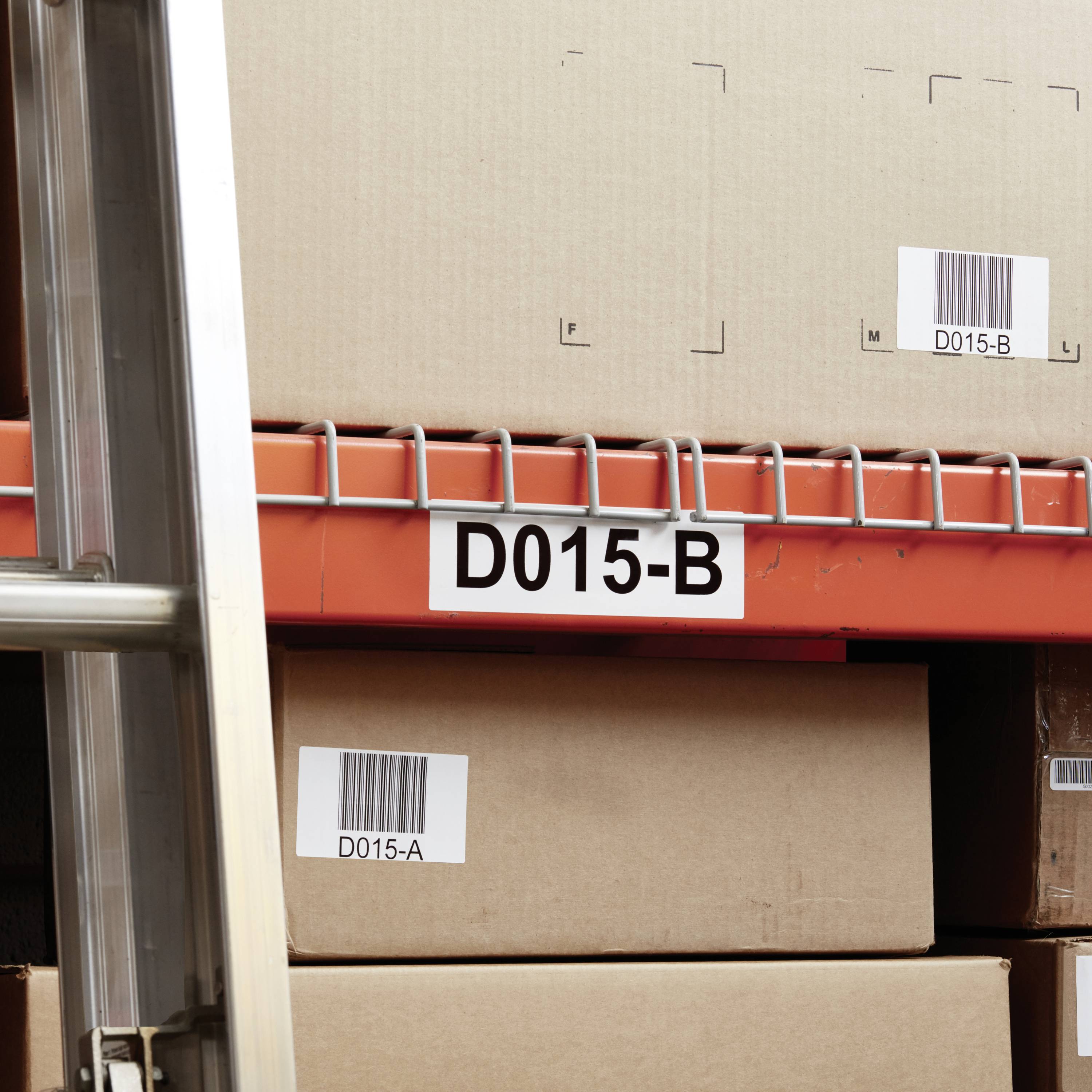 Ein Regal mit Kartons, nummeriert 'D015-B'. Ein Barcode ist sichtbar auf einem der Kartons. Links im Bild ist eine Leitersprosse.