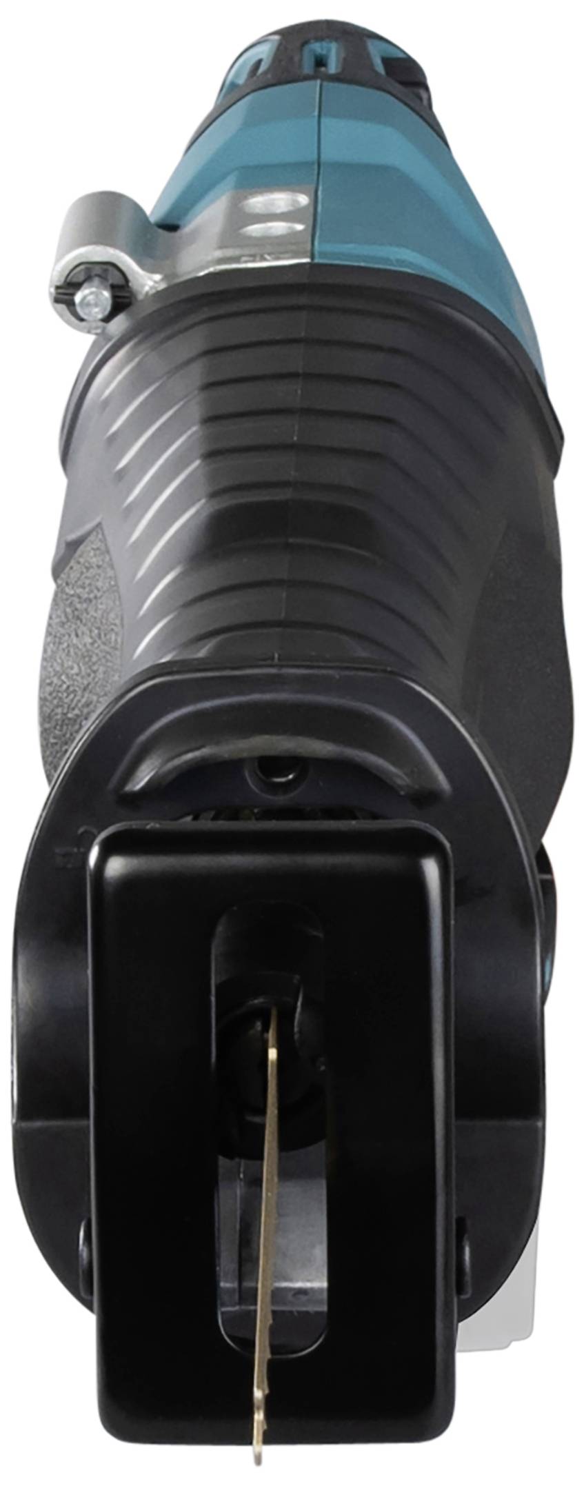 Elektrische Säbelsäge in Nahaufnahme von vorne, zeigt Klingenaufnahme und ergonomischen Griff.