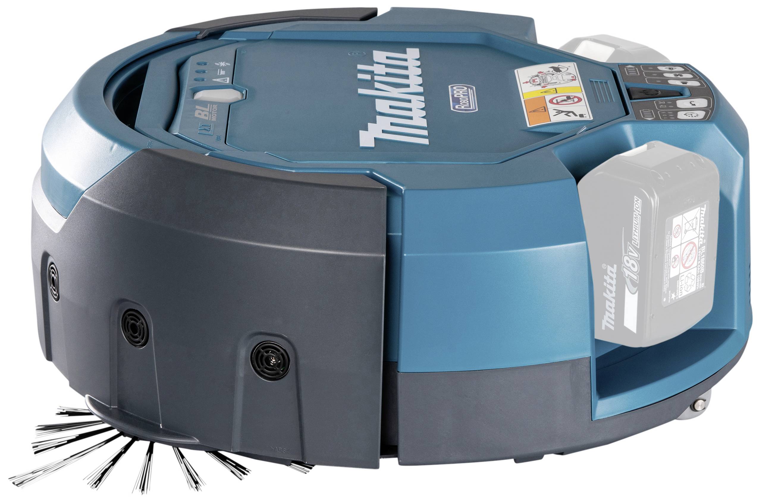 Ein blauer automatischer Staubsaugerroboter mit seitlicher Bürste und mehreren Sensoren. Er zeigt das Markenzeichen auf der Oberseite.