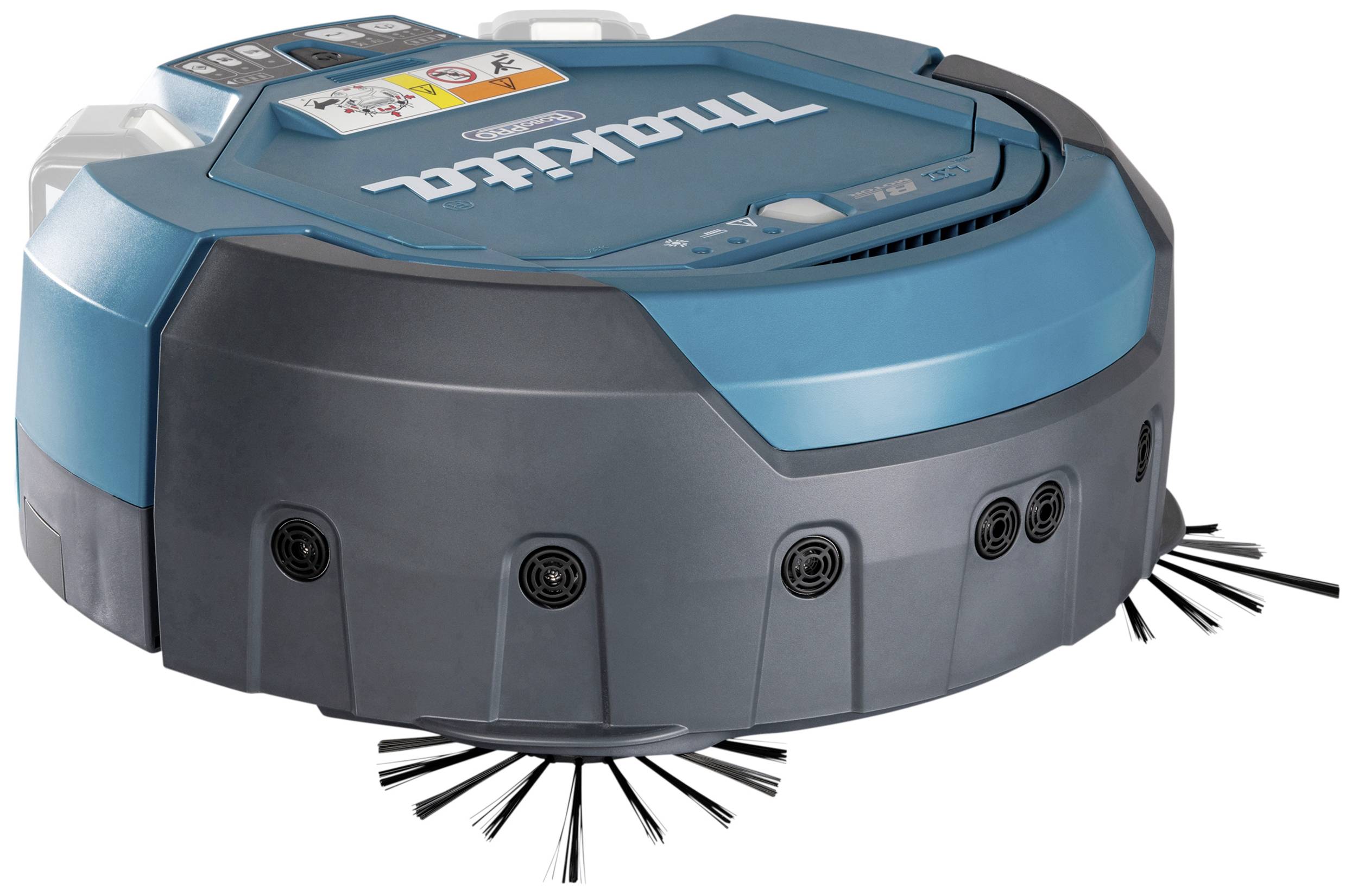 Ein blauer, kreisförmiger Roboter-Staubsauger mit mehreren Bürsten an der Unterseite, sichtbare Markenaufschrift.