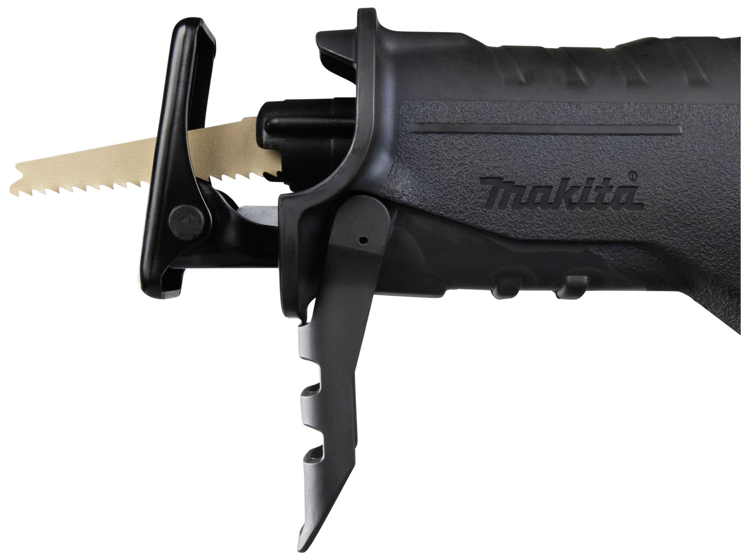 Nahaufnahme einer schwarzen Stichsäge mit einem gezackten Sägeblatt. Die Marke 'Makita' ist auf der Gehäuseseite sichtbar.