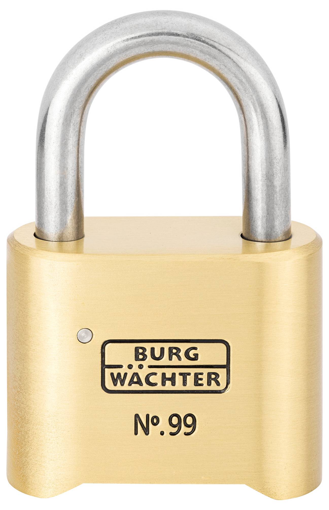 Ein Vorhängeschloss aus Messing mit der Aufschrift 'Burg Wächter No. 99'. Ideal zur Sicherung von Gegenständen.