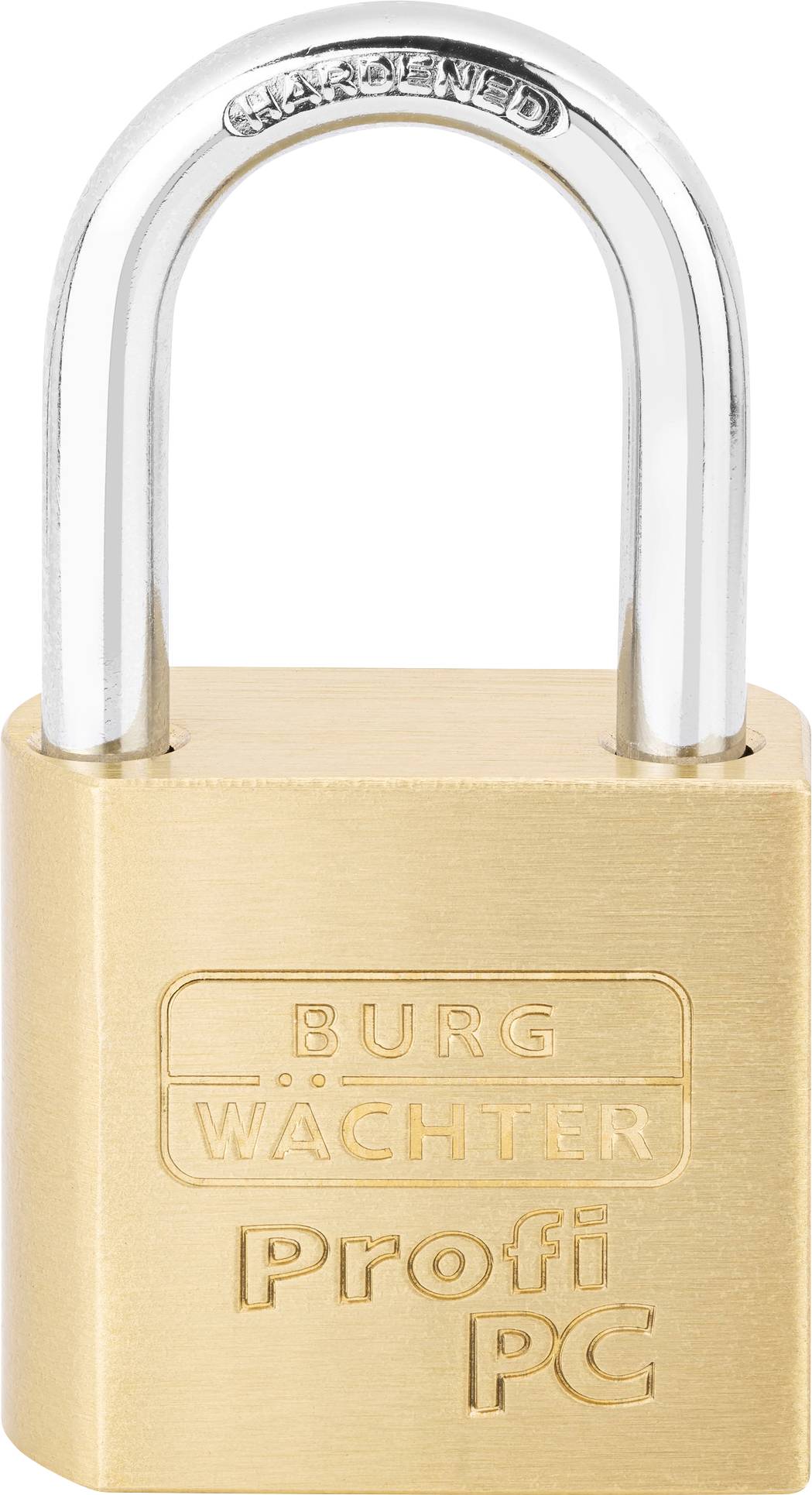 Ein Vorhängeschloss aus Messing der Marke Burg Wächter mit der Aufschrift 'Profi PC'.