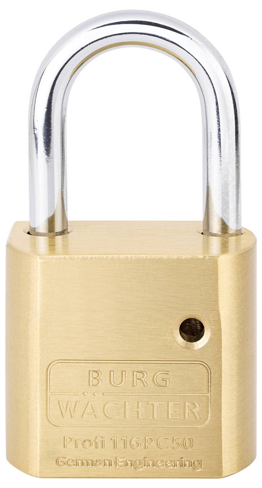 Ein goldfarbenes Vorhängeschloss aus Metall mit silbernem Bügel, auf dem 'BURG WÄCHTER' und 'Profi 116PC50 German Engineering' steht.