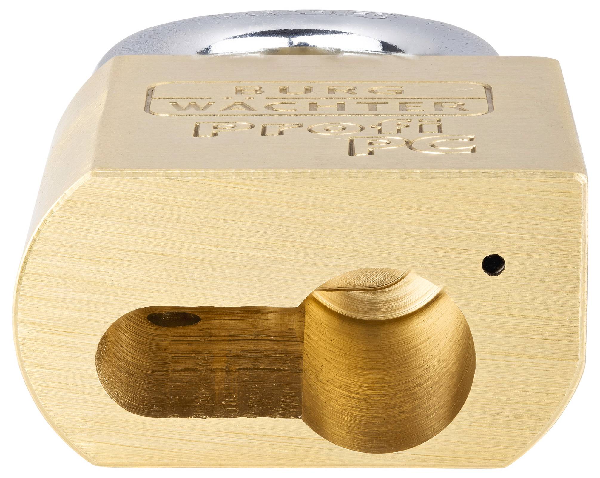 Ein messingfarbenes Vorhängeschloss aus Metall mit einer Gravur auf der Vorderseite. Es scheint unverschlossen zu sein.