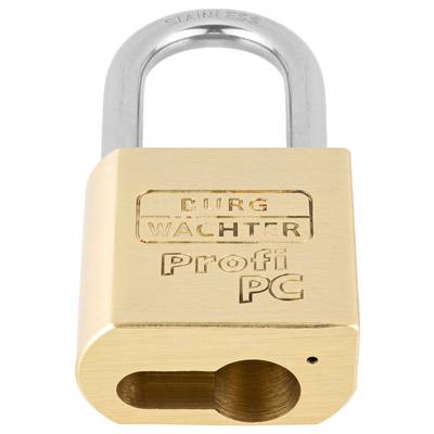 Ein goldfarbenes Vorhängeschloss mit der Aufschrift 'Burg Wächter Profi PC', steht aufrecht auf weißem Hintergrund.