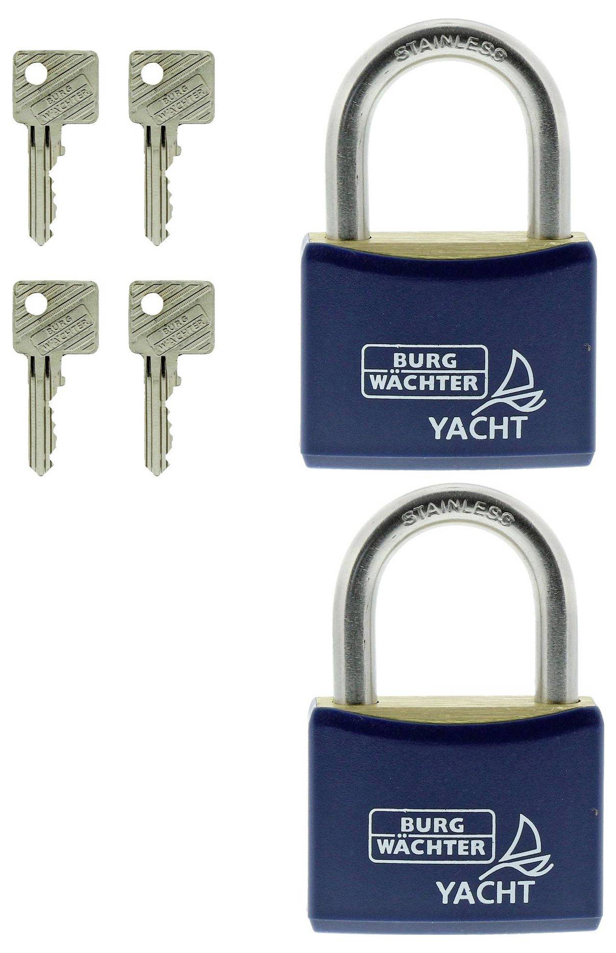Zwei blaue Vorhängeschlösser mit dem Aufdruck 'BURGWÄCHTER YACHT' und vier dazugehörige Schlüssel.