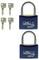 Zwei blaue Vorhängeschlösser mit dem Aufdruck 'BURGWÄCHTER YACHT' und vier dazugehörige Schlüssel.