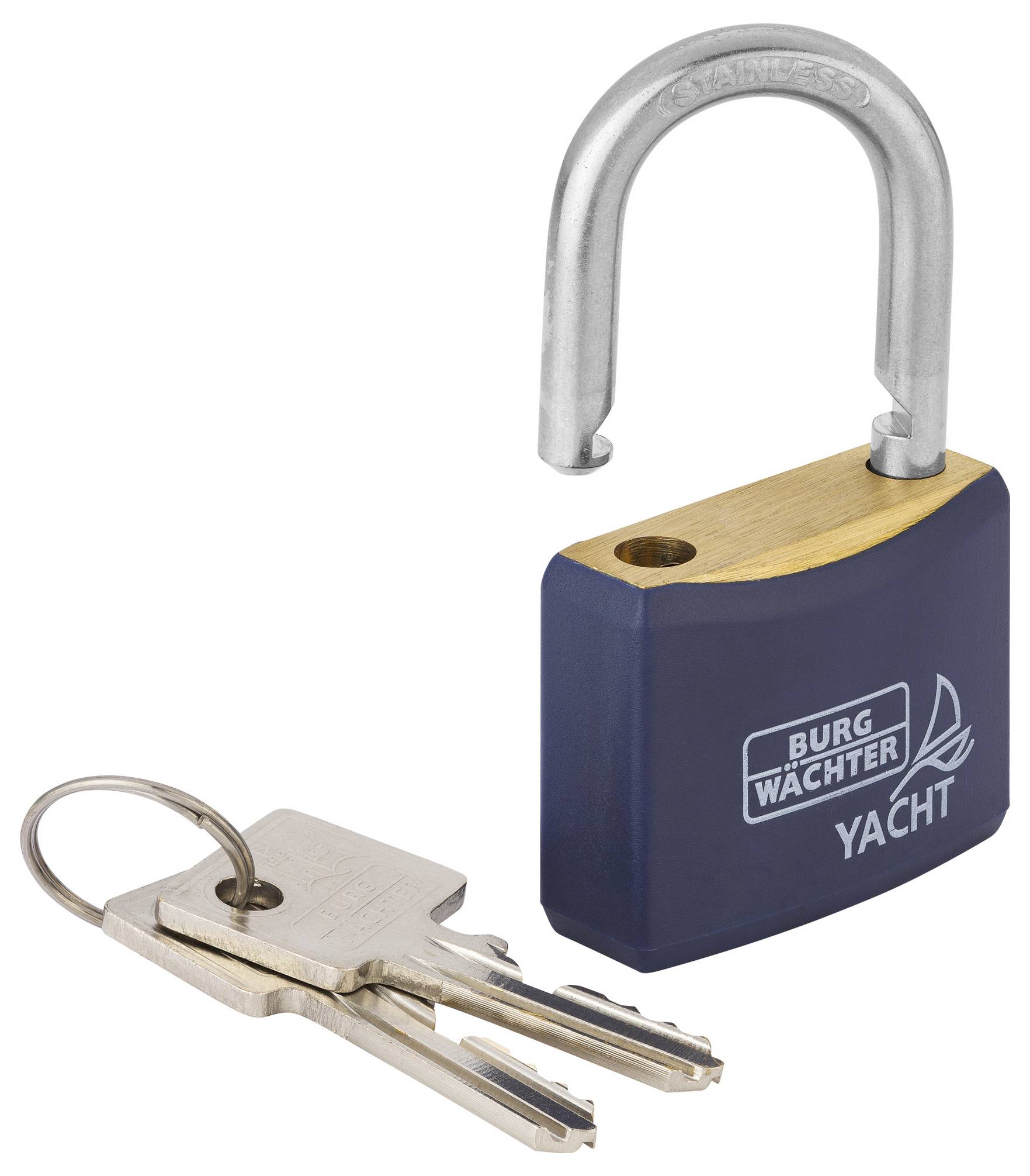 Blaues Vorhängeschloss mit geöffnetem Bügel, daneben liegen drei metallene Schlüssel.