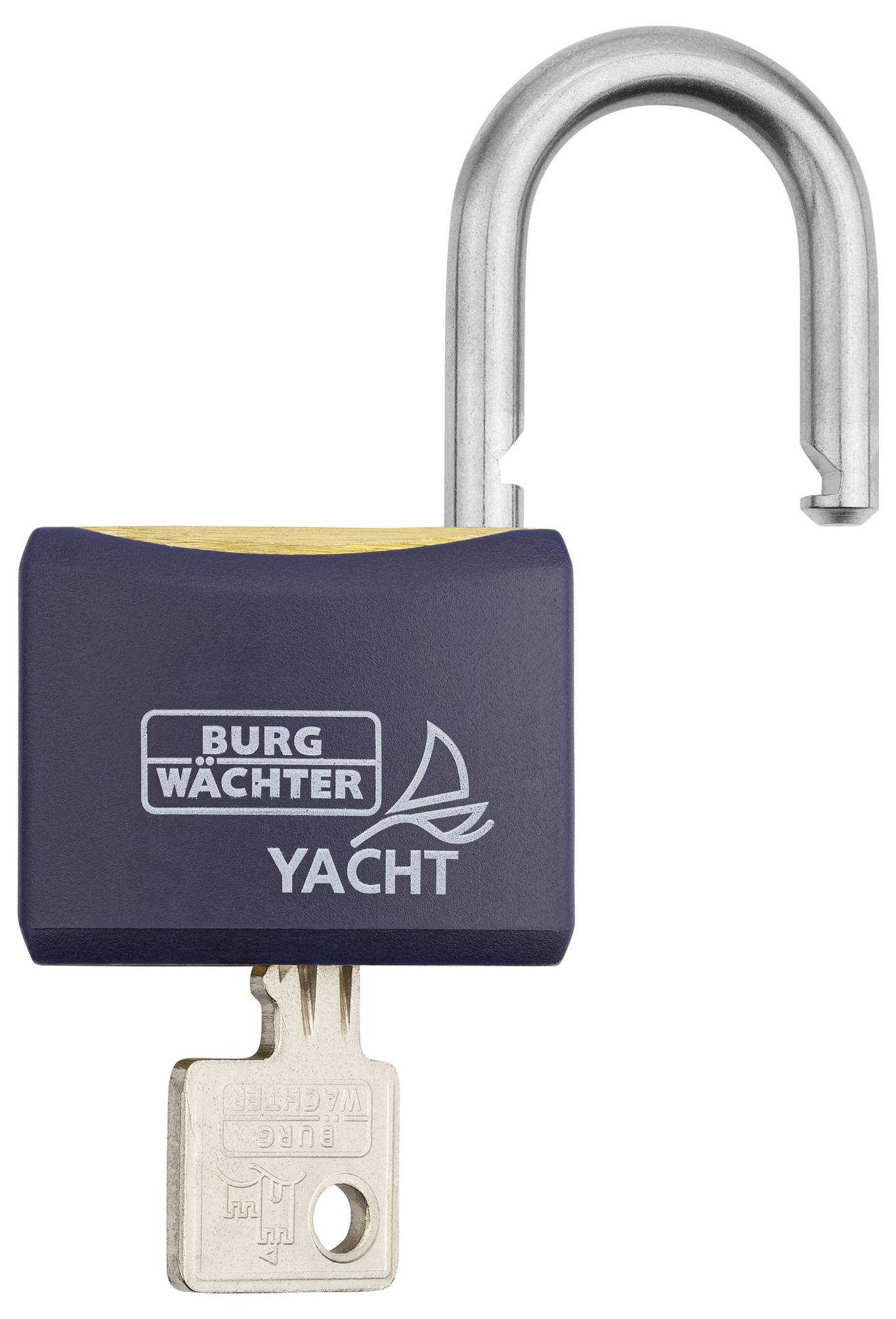 Ein geöffnetes Vorhängeschloss mit der Aufschrift 'BURG WÄCHTER YACHT', Schlüssel steckt im Schloss.