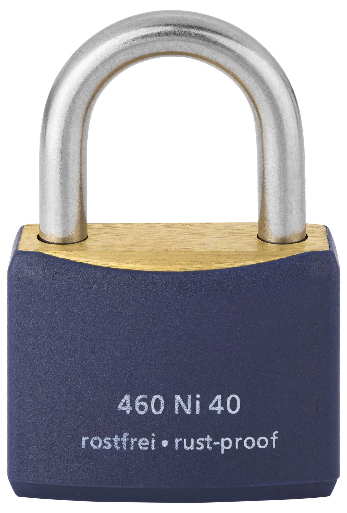 Blaues Vorhängeschloss mit silbernem Bügel, Aufschrift '460 Ni 40, rostfrei • rust-proof'.