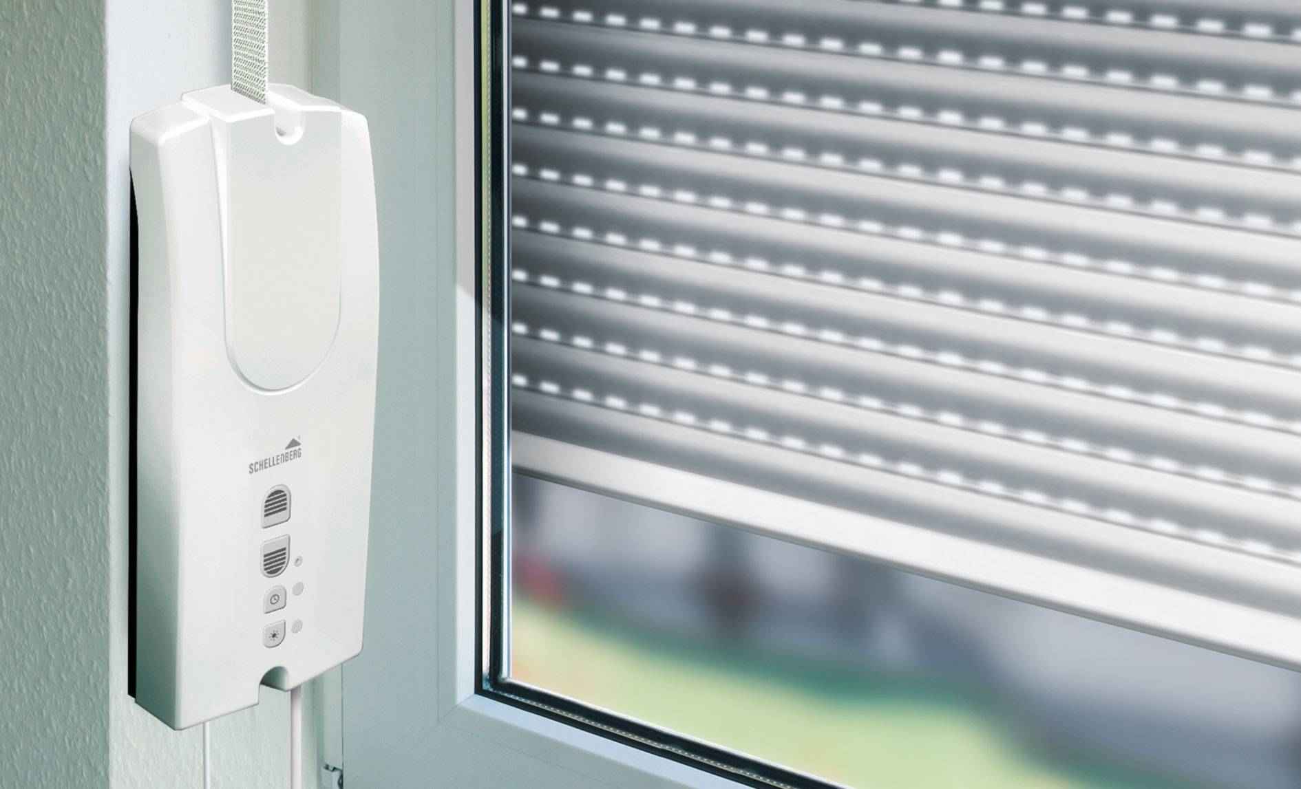 Elektrischer Gurtwickler mit Zeitschaltuhr, ideal für die automatisierte Rollladensteuerung im Smart Home.