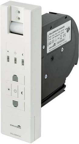 Elektrischer Gurtwickler der Marke Schellenberg mit Zeitschaltuhr für automatisierte Rollladensteuerung.