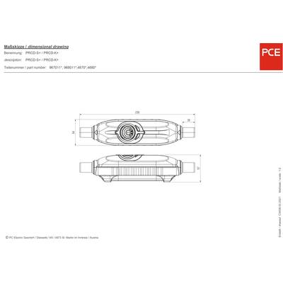 'Technische Zeichnung eines PCE-Geräts mit den Abmessungen 723 mm Breite. Teile-/Beschreibung: PRCD-S / PRCD-K+.'