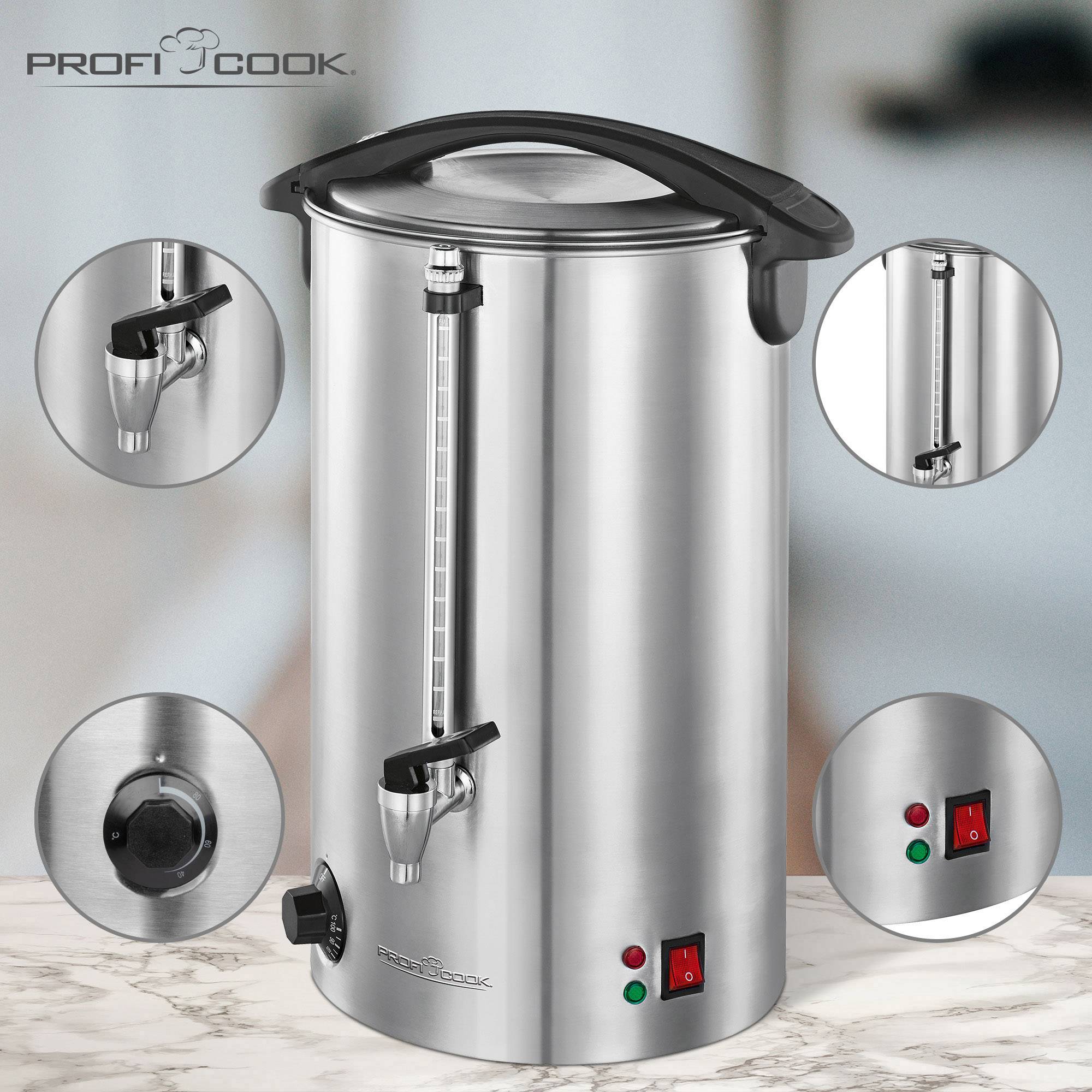 Ein Edelstahl-Wasserkocher mit Temperaturregler, Wasserstandsanzeige und Zapfhahn. Markenlogo 'Profi Cook' oben links im Bild.