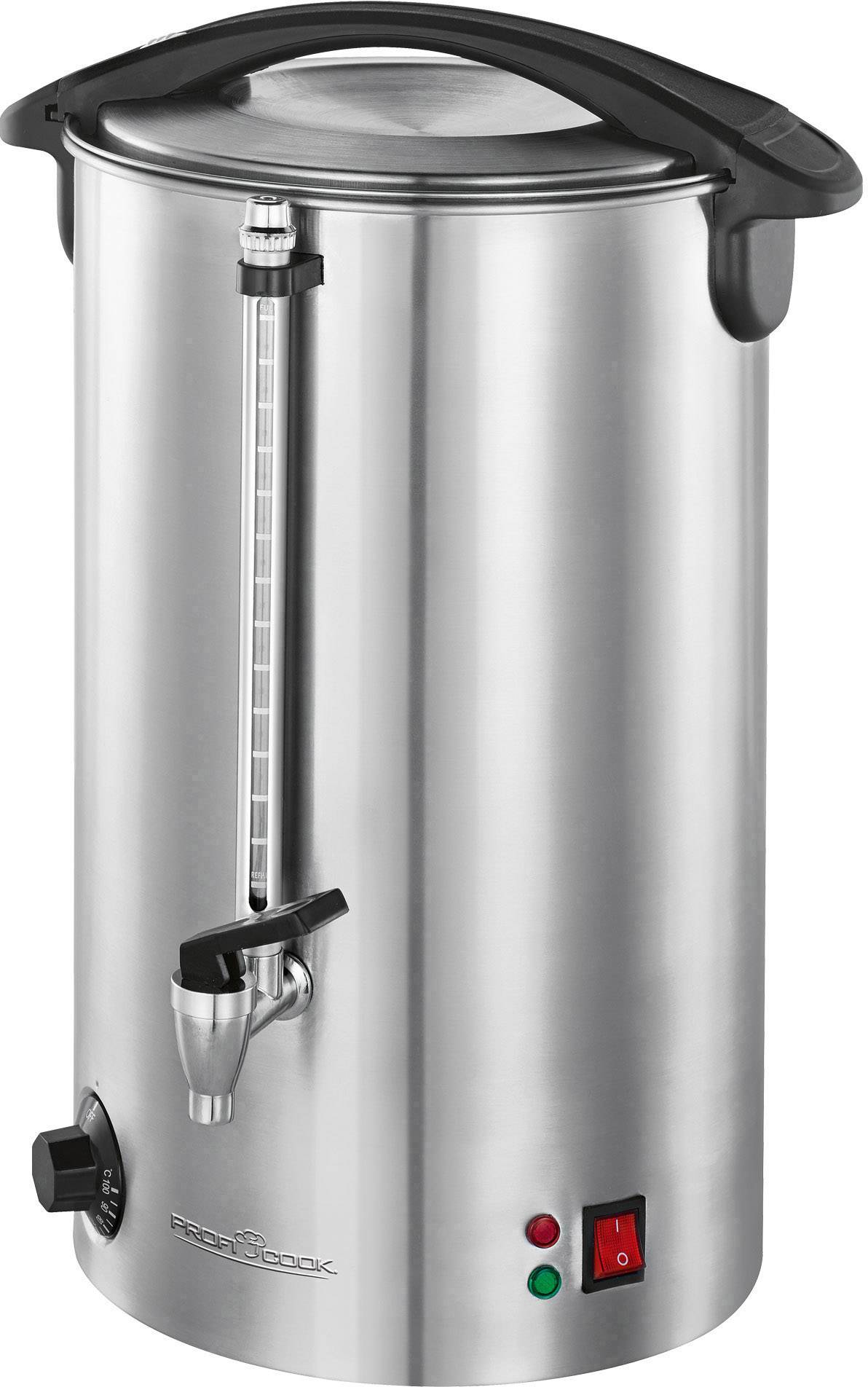 Ein silberner Wasserkocher mit Zapfhahn, Temperaturregler und Anzeigelampen. Ideal für große Mengen an heißem Wasser.